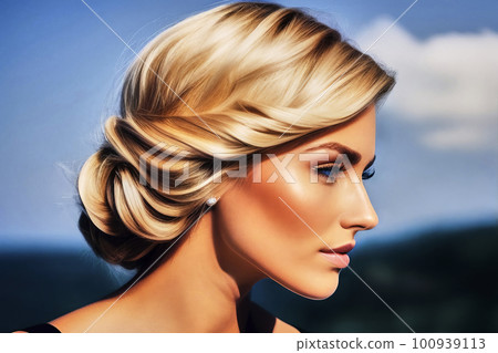 Side portrait of a young white woman with wavy blonde hair, fictional person, made with generative AI 100939113