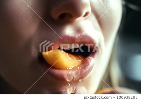 Close-up of a woman's mouth biting down on a piece of soft, juicy peach, causing drops to roll off her lip, made with generative ai Close-up of a woman's mouth biting down on a piece of soft, juicy peach, causing drops to roll off her lip, made with generative ai 100939193