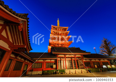 Asakusa, Taito Ward, Tokyo, Sensoji Temple at night, five-storied pagoda lit up 100940353