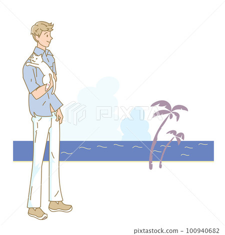 A man walking in the sea with a cat 100940682