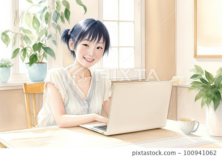 AI-generated image: young woman working remotely on a laptop 100941062
