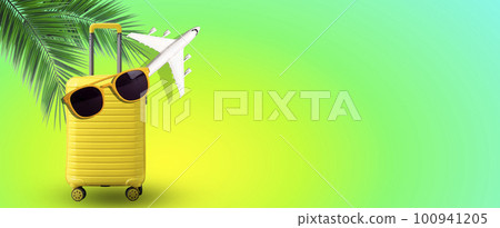 Vacation travel concept. Suitcase against summer tropical background. Vacation travel concept. Suitcase against summer tropical background. 100941205