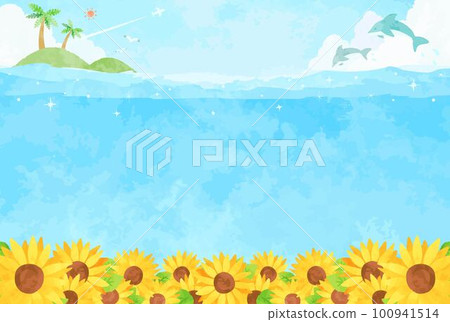 Landscape illustration of sunflower field, sea and blue sky 100941514