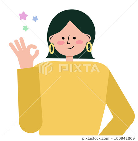 Vector illustration of a bob hair woman making an okay sign with her finger Vector illustration of a bob hair woman making an okay sign with her finger 100941809