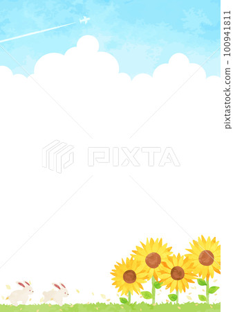 一隻可愛的兔子和一片向日葵田的風景圖 100941811
