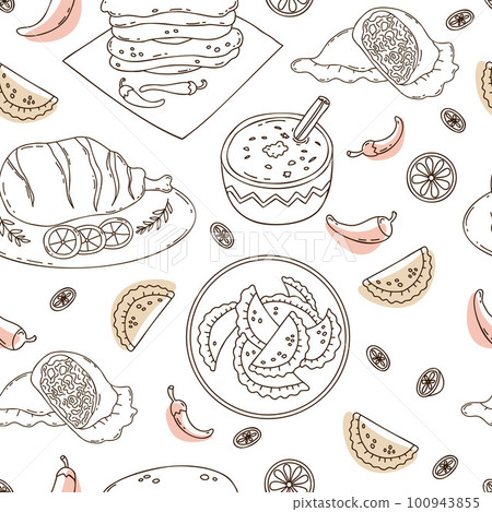 Seamless pattern with Mexican Empanadas, tortillas with chili peppers, grilled meat and rice pudding with cinnamon stick on white background. Vector illustration latin american food in doodle style. Seamless pattern with Mexican Empanadas, tortillas with chili peppers, grilled meat and rice pudding with cinnamon stick on white background. Vector illustration latin american food in doodle style. 100943855