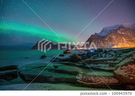 Beautiful nature lanscape of Lofoten with northern lights Beautiful nature lanscape of Lofoten with northern lights 100943970