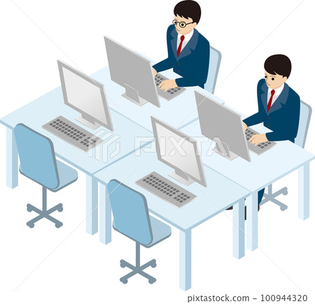 Business person male isometric office computer desk work illustration material 100944320