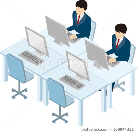 Business person male isometric office computer desk work illustration material 100944321