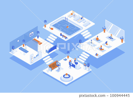 Wellness center concept 3d isometric web scene with infographic. People waiting at reception, doing yoga in class, swimming in pool, clients get massage. Illustration in isometry graphic design 100944445