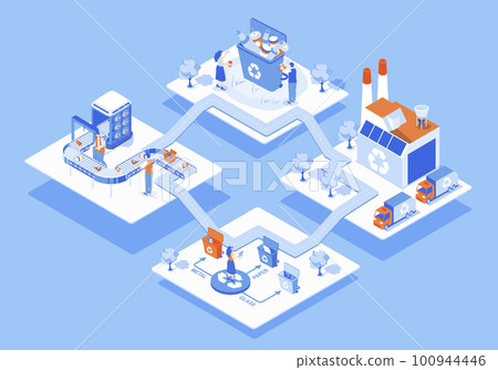 Waste management concept 3d isometric web scene with infographic. People collect and separate trash into bins, sorting and recycling garbage at plant. Illustration in isometry graphic design 100944446