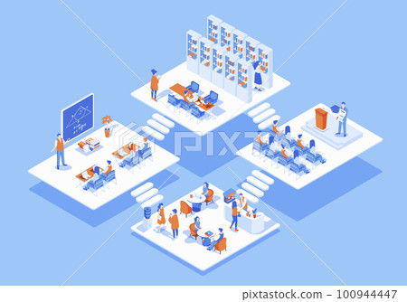 University concept 3d isometric web scene with infographic. Students learning at auditorium and conference room, people sit in cafeteria and library. Illustration in isometry graphic design University concept 3d isometric web scene with infographic. Students learning at auditorium and conference room, people sit in cafeteria and library. Illustration in isometry graphic design 100944447