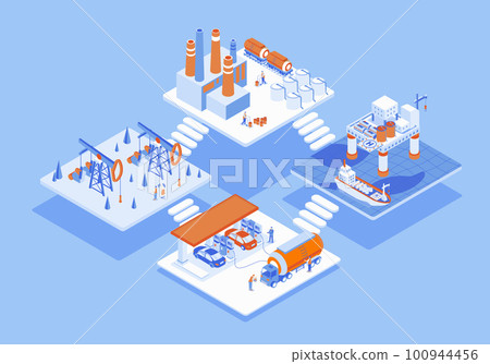 Oil industry concept 3d isometric web scene with infographic. People working at onshore and offshore oil fields, refinery plants process, gas station. Illustration in isometry graphic design Oil industry concept 3d isometric web scene with infographic. People working at onshore and offshore oil fields, refinery plants process, gas station. Illustration in isometry graphic design 100944456