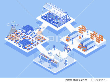 Modern agricultural concept 3d isometric web scene with infographic. People work at smart farm, research in laboratory, farming and export products. Illustration in isometry graphic design 100944459