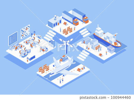 Logistic company concept 3d isometric web scene with infographic. People working in delivery office and provide road, marine and air transportations. Illustration in isometry graphic design 100944460