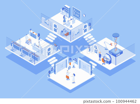 Laboratory concept 3d isometric web scene with infographic. People at secure entrance, doing research in genetics, biochemistry and other departments. Illustration in isometry graphic design Laboratory concept 3d isometric web scene with infographic. People at secure entrance, doing research in genetics, biochemistry and other departments. Illustration in isometry graphic design 100944462
