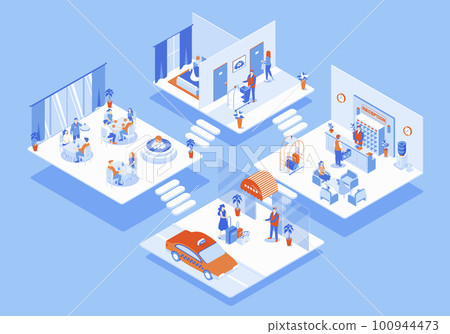 Hotel concept 3d isometric web scene with infographic. People at main entrance, waiting at reception, tourists check into rooms and dine in restaurant. Illustration in isometry graphic design 100944473