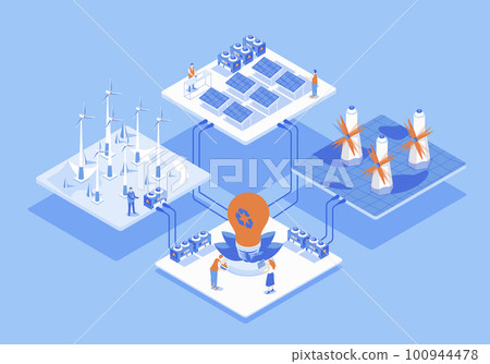 Green energy concept 3d isometric web scene with infographic. People working at alternative energy sources generation with solar panels, wind turbines. Illustration in isometry graphic design Green energy concept 3d isometric web scene with infographic. People working at alternative energy sources generation with solar panels, wind turbines. Illustration in isometry graphic design 100944478