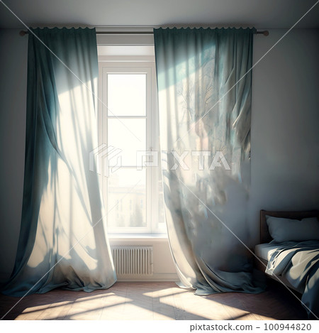 有床的房間的窗外，明媚的陽光照進來，白色的窗簾隨風搖曳，醒來後的風景 100944820