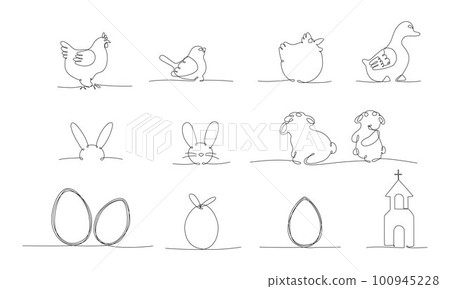 Easter continues one line pack. Vector stock illustration set isolated on white background for design template egg hunt, invitation, greeting card, menu. Editable stroke single line. EPS10 Easter continues one line pack. Vector stock illustration set isolated on white background for design template egg hunt, invitation, greeting card, menu. Editable stroke single line. EPS10 100945228