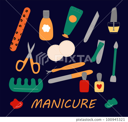 Manicure tools. Beauty salon service. Nail studio card. File or scissors. Fingernails polish. Cosmetic varnish. Moisturizing cream bottle. Manicurist equipment. Clipper and sponge. illustration Manicure tools. Beauty salon service. Nail studio card. File or scissors. Fingernails polish. Cosmetic varnish. Moisturizing cream bottle. Manicurist equipment. Clipper and sponge. illustration 100945321