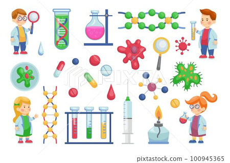 Gene sequence study. DNA test. Genetics and medicine. Genome laboratory research set. Woman and man in lab uniform. People health. Science technology. Microbe cells and pills. Vector tidy illustration 100945365