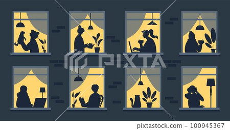 Night house. Neighbors together. Dark residential building facade. Family at home with book or watching TV. People cooking or reading in evening shadow. Pet in window. Vector tidy cartoon illustration 100945367