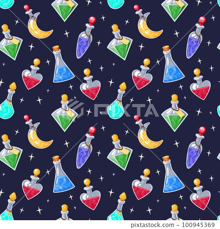 Magic potion bottles. Love elixir pattern. Halloween or holiday celebration drinks. Liquid substance. Glass flask. Chemistry poison. Wizards laboratory. Alchemy vial. Vector tidy seamless background Magic potion bottles. Love elixir pattern. Halloween or holiday celebration drinks. Liquid substance. Glass flask. Chemistry poison. Wizards laboratory. Alchemy vial. Vector tidy seamless background 100945369
