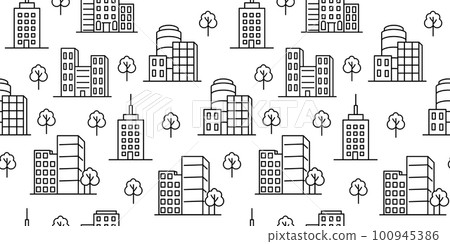 City pattent, town background, hotel buildings and skyscrapers line icon. House and trees, architecture wallpaper design, flat airport black outline graphic, urban life. Vector recent seamless design 100945386