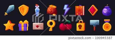 Cartoon game icons. Casino slot symbols. Gold coin. Key with lock. Gaming clock and cup. Bonus cherry. Ruby gems and sand. Luck fruits. Hammer or shield. Gift box. Vector recent GUI logo elements set Cartoon game icons. Casino slot symbols. Gold coin. Key with lock. Gaming clock and cup. Bonus cherry. Ruby gems and sand. Luck fruits. Hammer or shield. Gift box. Vector recent GUI logo elements set 100945387