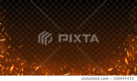 Fire sparks. Burning flame with sparkles. Black hell lights. Grill effect from bonfire. Heat from wood. Red power. Combustion backdrop. Orange blaze. Vector realistic neoteric transparent background Fire sparks. Burning flame with sparkles. Black hell lights. Grill effect from bonfire. Heat from wood. Red power. Combustion backdrop. Orange blaze. Vector realistic neoteric transparent background 100945418