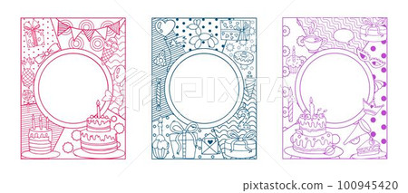 Birthday geometric flyers, trendy doodle style drawing frames, hand drawn gifts, candles and decor box, sweet cupcakes and flags, happy anniversary, posters design. Vector tidy modern illustration Birthday geometric flyers, trendy doodle style drawing frames, hand drawn gifts, candles and decor box, sweet cupcakes and flags, happy anniversary, posters design. Vector tidy modern illustration 100945420