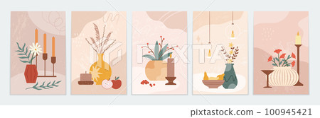 Art flower vases and candles, abstract posters. Simple organic decoration shapes, contemporary geometric cards. Hand drawn bouquets in interior. Still life image. Vector design utter illustration set 100945421