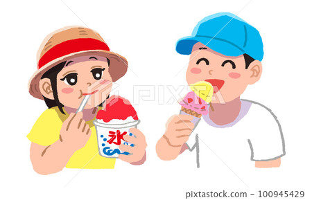 夏天吃刨冰和冰淇淋的女孩和男孩 100945429