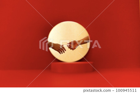 Two female reaching hands with red manicure in the reflection of round mirror. 100945511
