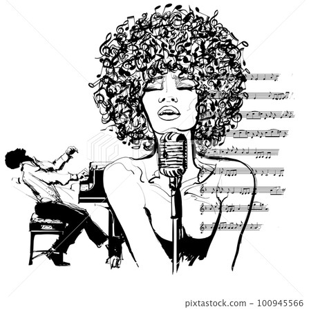 Jazz singer with microphone and pianist Jazz singer with microphone and pianist 100945566