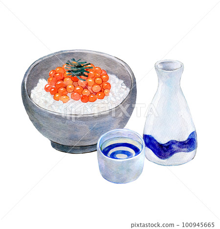 清酒和鮭魚子飯碗晚間飲料套裝水彩插圖 清酒和鮭魚子飯碗晚間飲料套裝水彩插圖 100945665