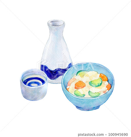 Sake and potato salad evening drink set watercolor illustration 100945690