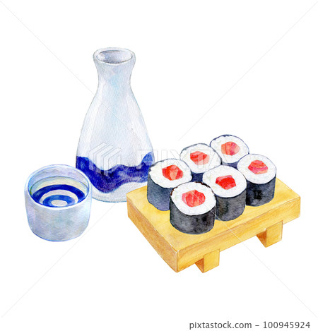 清酒和 tekka 卷晚間飲料設置水彩插圖 清酒和 tekka 卷晚間飲料設置水彩插圖 100945924
