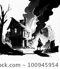 man on the background of a fire in the city 100945954