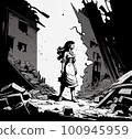 woman on the background of the house destroyed by the earthquake 100945959