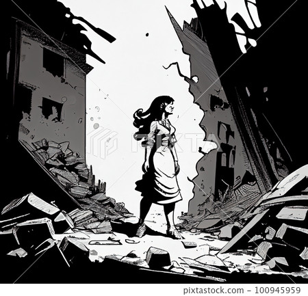 woman on the background of the house destroyed by the earthquake 100945959