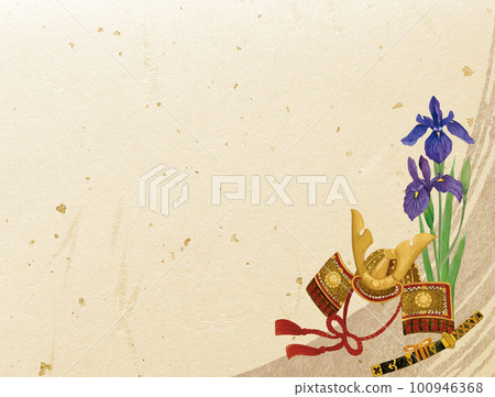 水彩手繪日本風格背景的鳶尾花和頭盔裝飾 100946368