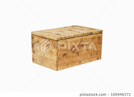 Wooden homemade chest at 45 degree angle against a white background.  100946572