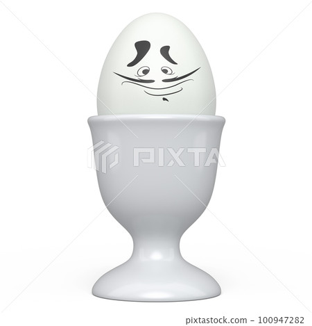 Farm white painted egg with expressions and funny face in ceramic egg cup 100947282