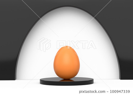 Farm brown chicken eggs standing on podium on white background 100947339