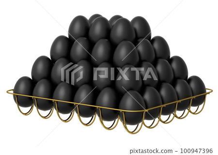 Luxury black eggs standing in pyramid in metal tray for morning breakfast Luxury black eggs standing in pyramid in metal tray for morning breakfast 100947396