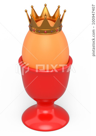 Farm brown egg with gold royal king crown in ceramic egg cup for breakfast Farm brown egg with gold royal king crown in ceramic egg cup for breakfast 100947407