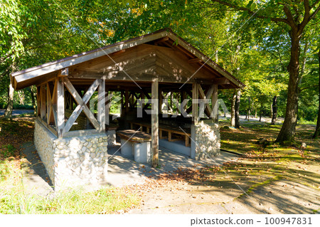 秋日早晨，鳥取縣琴浦町一甲平露營地的休息區 100947831