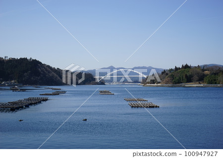Aquaculture rafts on Kesennuma Oshima 100947927